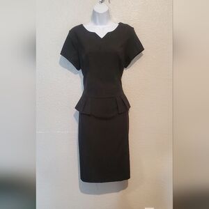 MikaRose Black Peplum Sheath Midi Pencil Dress Short Sleeve V Neck Size Medium